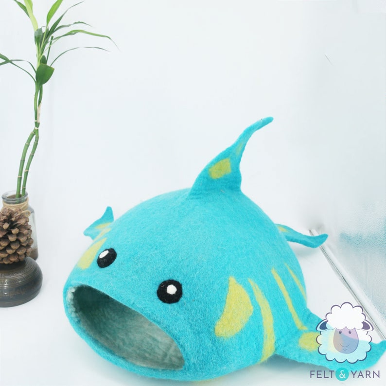 75cm Wool Felt Shark Cat Cave | Felted Cozy Cat Bed | Kitty Bed | Felt Cat House | Fair Trade | 100% Wool and Handmade