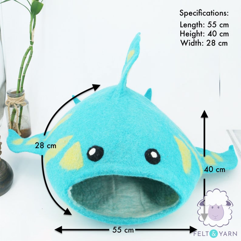 75cm Wool Felt Shark Cat Cave | Felted Cozy Cat Bed | Kitty Bed | Felt Cat House | Fair Trade | 100% Wool and Handmade