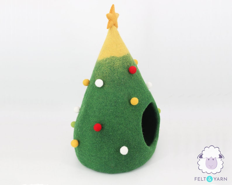 40cm Wool Felt Christmas Tree Cat Cave | Felted Cat Bed | Kitty Bed | Felt Cat House | Fair Trade | 100% Handmade and Wool |