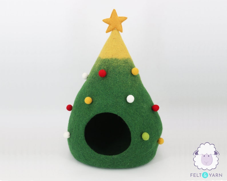 40cm Wool Felt Christmas Tree Cat Cave | Felted Cat Bed | Kitty Bed | Felt Cat House | Fair Trade | 100% Handmade and Wool |
