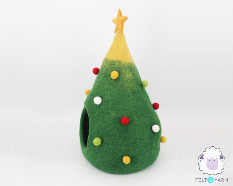 40cm Wool Felt Christmas Tree Cat Cave | Felted Cat Bed | Kitty Bed | Felt Cat House | Fair Trade | 100% Handmade and Wool |