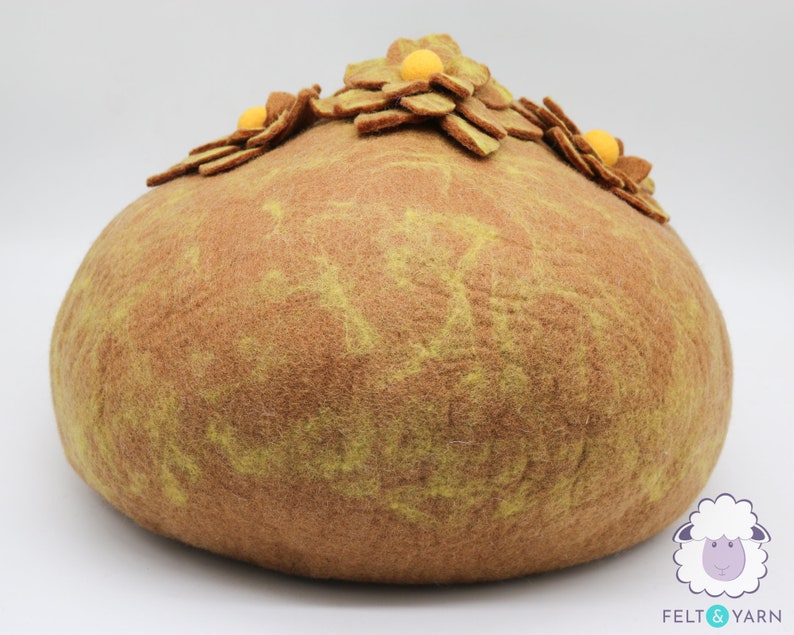 50cm Wool Felt Flower Design Cat Bed, Golden Handmade Cat Cave House, Floral Cat Cocoon