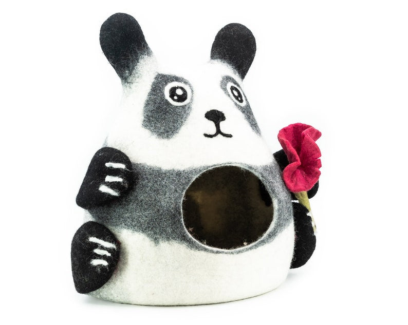 40cm Felted Panda Cat Cave House, Natural Handmade Wool Felt Pet Bed: Fair Trade and Ethically Made