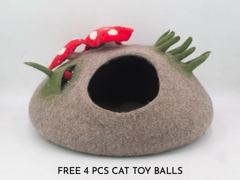 50cm Wool Felt Cat Cave With Mini Mushroom | Felted Cat Bed | Felt Pet House | Fair Trade | 100% Wool and Handmade