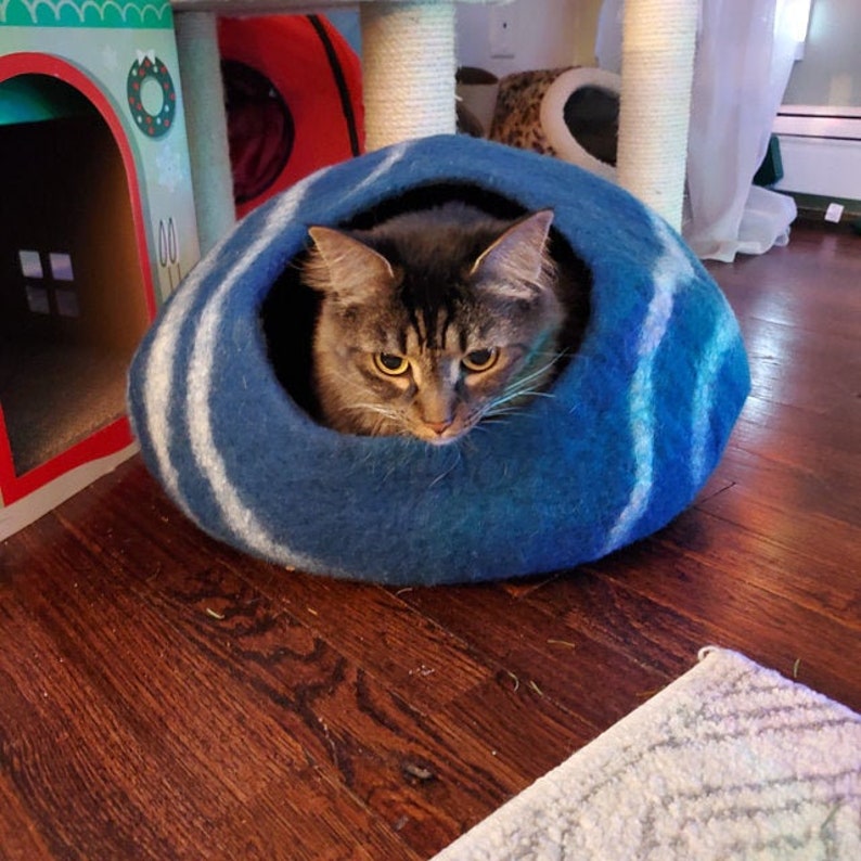 50cm Wool Felt Stripe Design Cat Bed, 100% Wool Felt Cat Cave Handmade Cat House: Fair Trade