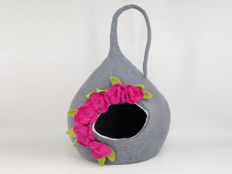 40cm Wool Felted Tendril Design Cat House with Pink Flowers | Perfect Gift for Cat Lovers | Handmade Modern Cat Bed