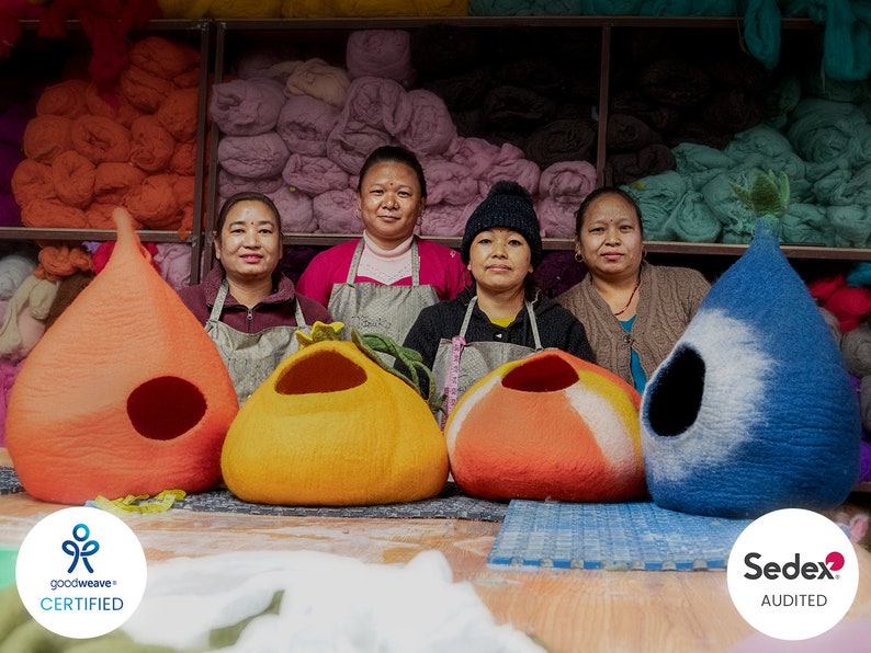 40cm Felted Panda Cat Cave House, Natural Handmade Wool Felt Pet Bed: Fair Trade and Ethically Made