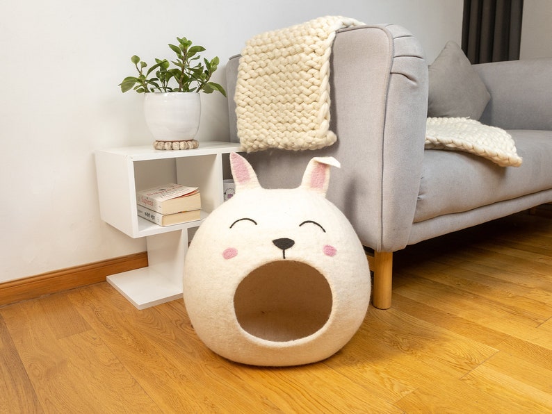 Wool Felt Easter Bunny Design Cat Cave | Modern Cat Bed | Handmade Cat House | Cat Mom Gift | Large Cat Bed | Wool Cat House
