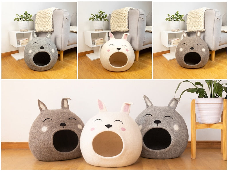 Wool Felt Easter Bunny Design Cat Cave | Modern Cat Bed | Handmade Cat House | Cat Mom Gift | Large Cat Bed | Wool Cat House