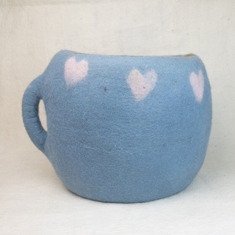 50cm Wool Felt Coffee Mug Cat Cave | Felted Cat Bed | Wool Kitty Bed | Felt Cat House | Fair Trade | 100% Wool and Handmade