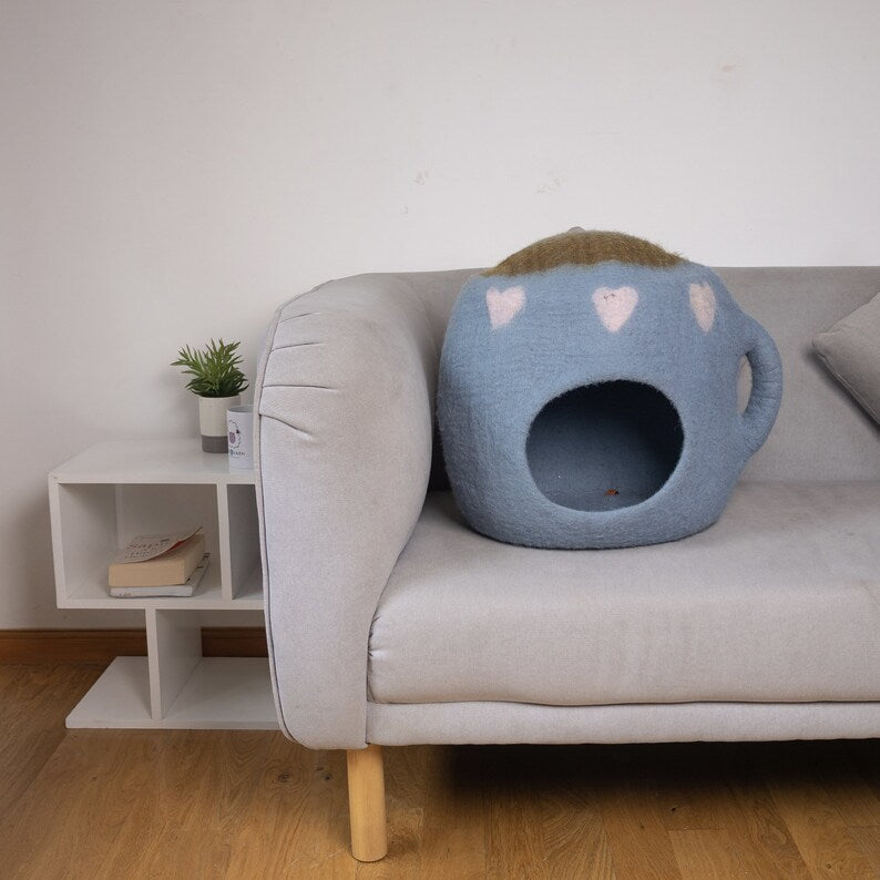 50cm Wool Felt Coffee Mug Cat Cave | Felted Cat Bed | Wool Kitty Bed | Felt Cat House | Fair Trade | 100% Wool and Handmade