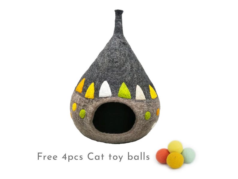 50cm Felt Teepee Cat Cave Bed, Wool Cat Furniture Cocoon, Handmade Cat House
