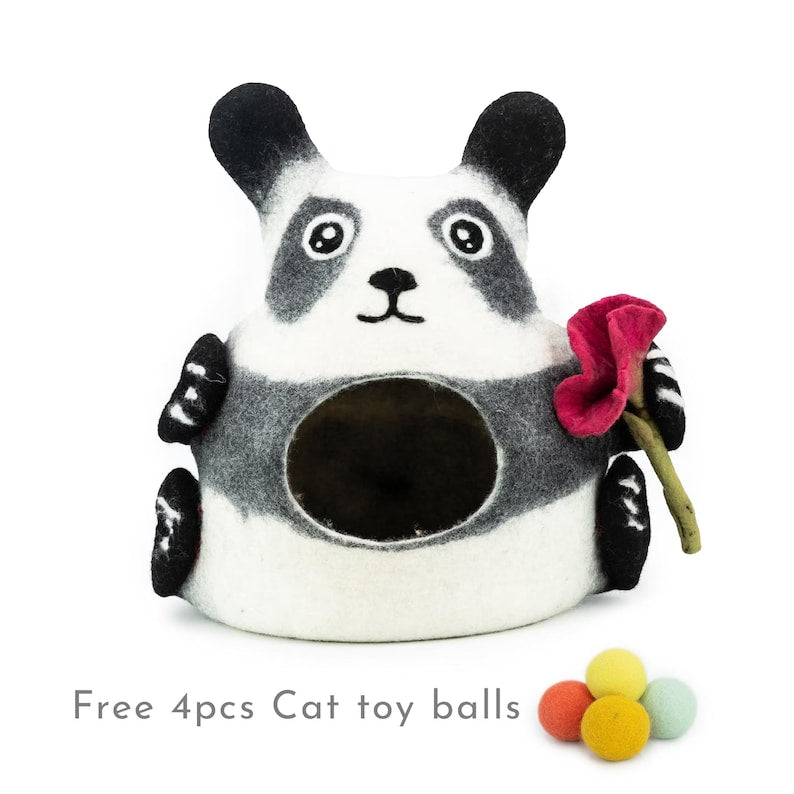 40cm Felted Panda Cat Cave House, Natural Handmade Wool Felt Pet Bed: Fair Trade and Ethically Made