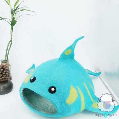 75cm Wool Felt Shark Cat Cave | Felted Cozy Cat Bed | Kitty Bed | Felt Cat House | Fair Trade | 100% Wool and Handmade