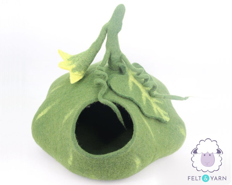 50cm Wool Felt Pumpkin Cat Cave | Felted Green Cat Bed | Kitty Bed | Felt Cat House | Fair Trade | 100% Wool and Handmade |