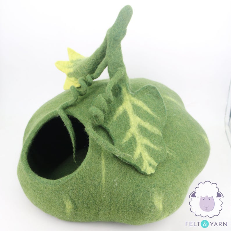 50cm Wool Felt Pumpkin Cat Cave | Felted Green Cat Bed | Kitty Bed | Felt Cat House | Fair Trade | 100% Wool and Handmade |