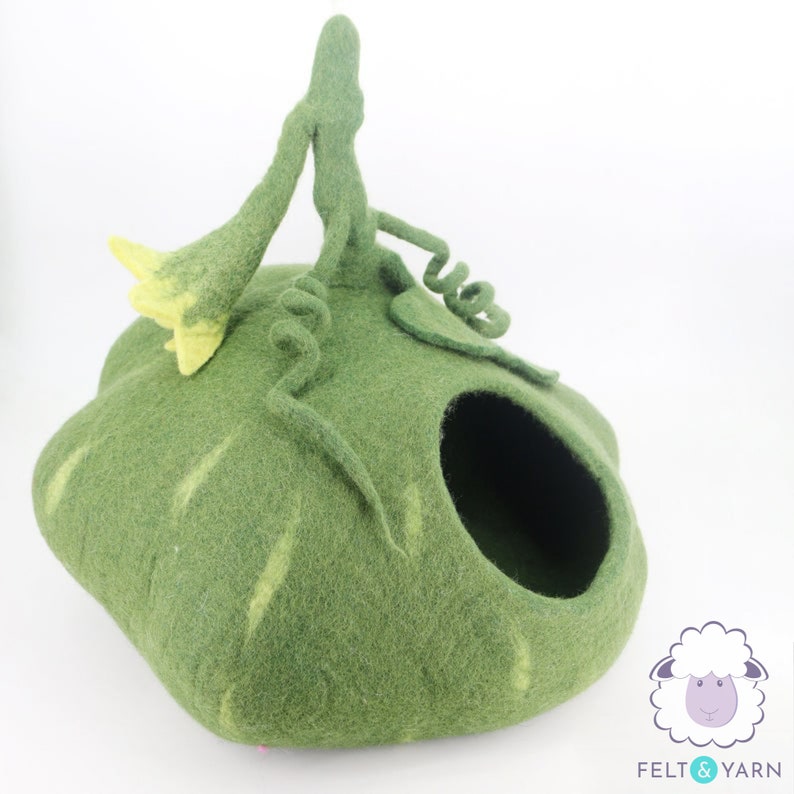 50cm Wool Felt Pumpkin Cat Cave | Felted Green Cat Bed | Kitty Bed | Felt Cat House | Fair Trade | 100% Wool and Handmade |