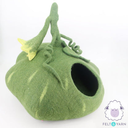 50cm Wool Felt Pumpkin Cat Cave | Felted Green Cat Bed | Kitty Bed | Felt Cat House | Fair Trade | 100% Wool and Handmade |