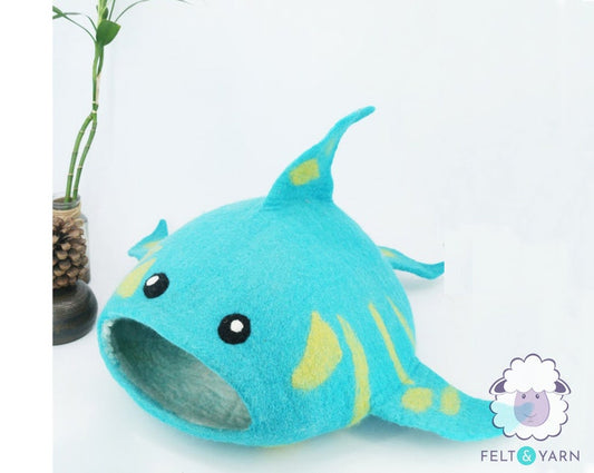 75cm Wool Felt Shark Cat Cave | Felted Cozy Cat Bed | Kitty Bed | Felt Cat House | Fair Trade | 100% Wool and Handmade