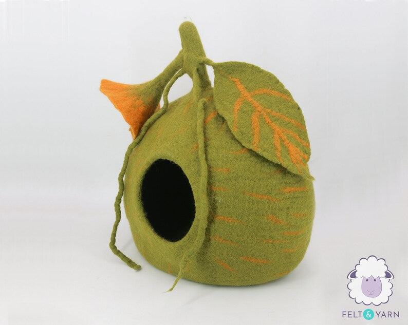 50cm Wool Felt Pumpkin Cat Cave | Felted Green Cat Bed | Kitty Bed | Felt Cat House | Fair Trade | 100% Wool and Handmade