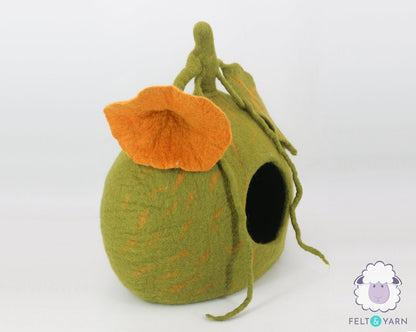 50cm Wool Felt Pumpkin Cat Cave | Felted Green Cat Bed | Kitty Bed | Felt Cat House | Fair Trade | 100% Wool and Handmade