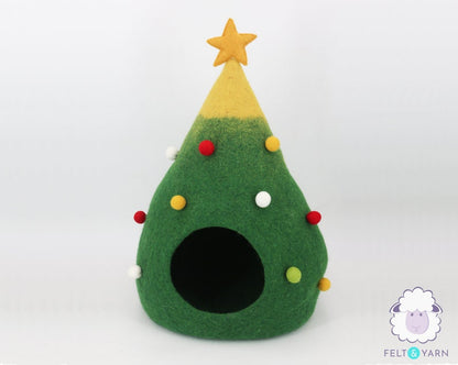 40cm Wool Felt Christmas Tree Cat Cave | Felted Cat Bed | Kitty Bed | Felt Cat House | Fair Trade | 100% Handmade and Wool |