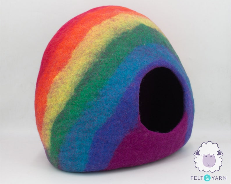 50cm Rainbow Cat Bed Cave, Wool Felted Cat House, Handmade Kitten Cocoon
