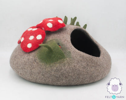 50cm Wool Felt Cat Cave With Mini Mushroom | Felted Cat Bed | Felt Pet House | Fair Trade | 100% Wool and Handmade