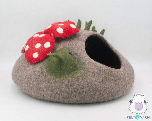 50cm Wool Felt Cat Cave With Mini Mushroom | Felted Cat Bed | Felt Pet House | Fair Trade | 100% Wool and Handmade