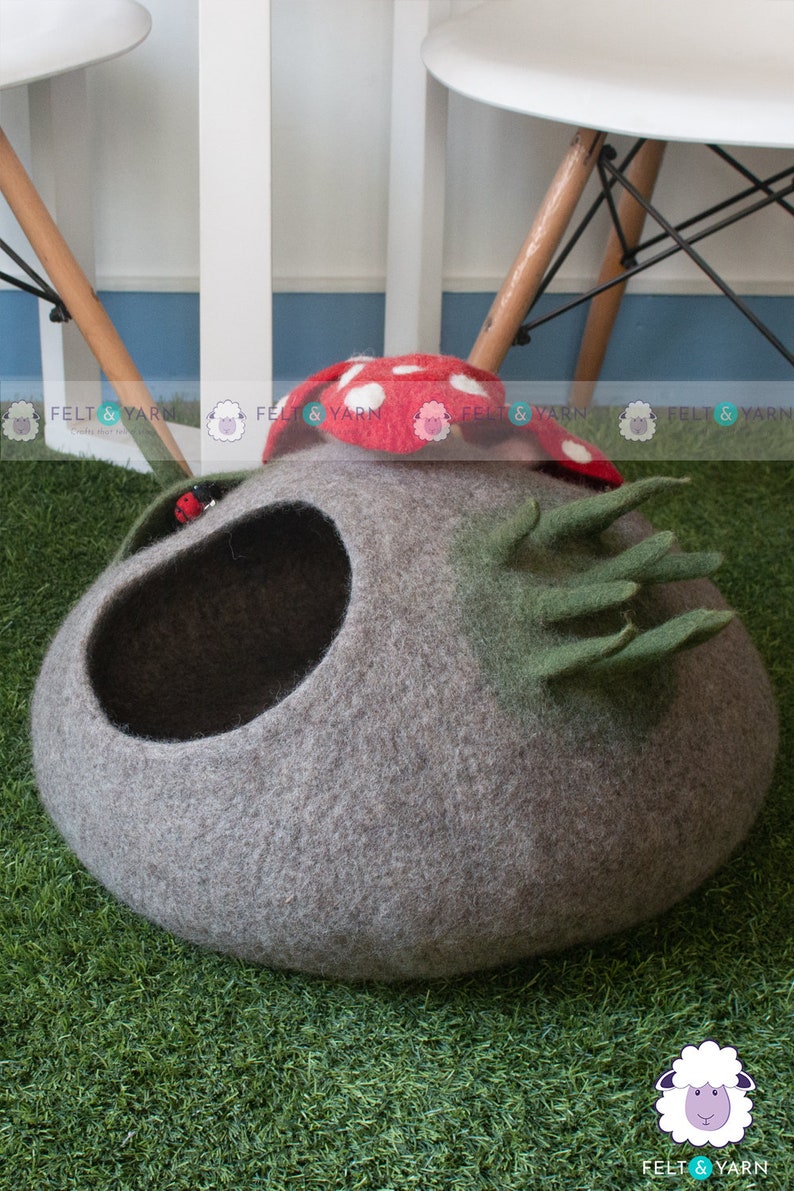 50cm Wool Felt Cat Cave With Mini Mushroom | Felted Cat Bed | Felt Pet House | Fair Trade | 100% Wool and Handmade