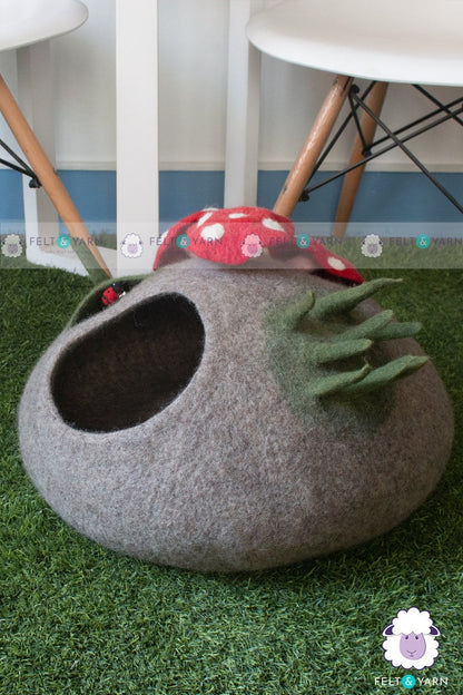 50cm Wool Felt Cat Cave With Mini Mushroom | Felted Cat Bed | Felt Pet House | Fair Trade | 100% Wool and Handmade