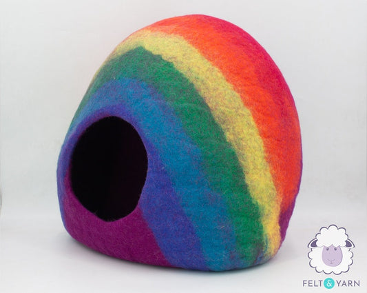 50cm Rainbow Cat Bed Cave, Wool Felted Cat House, Handmade Kitten Cocoon