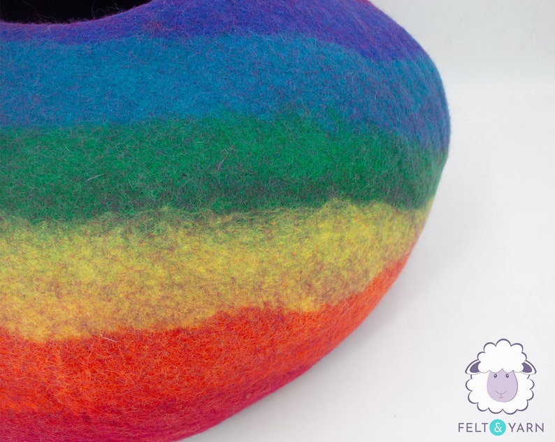 50cm Rainbow Cat Bed Cave, Wool Felted Cat House, Handmade Kitten Cocoon