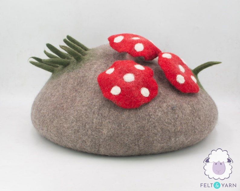 50cm Wool Felt Cat Cave With Mini Mushroom | Felted Cat Bed | Felt Pet House | Fair Trade | 100% Wool and Handmade