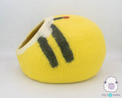 Wool Felt Yellow Bumble Cat Cave Cocoon With Free Flower Mat and Two Felted Mouse Toy | Modern Cat Furniture | Wooly Cave For Cats