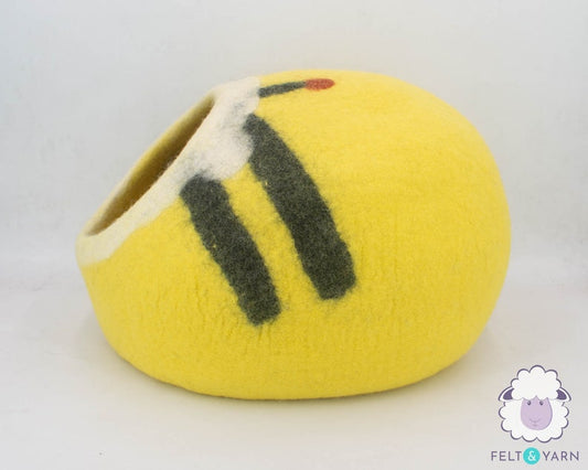 Wool Felt Yellow Bumble Cat Cave Cocoon With Free Flower Mat and Two Felted Mouse Toy | Modern Cat Furniture | Wooly Cave For Cats