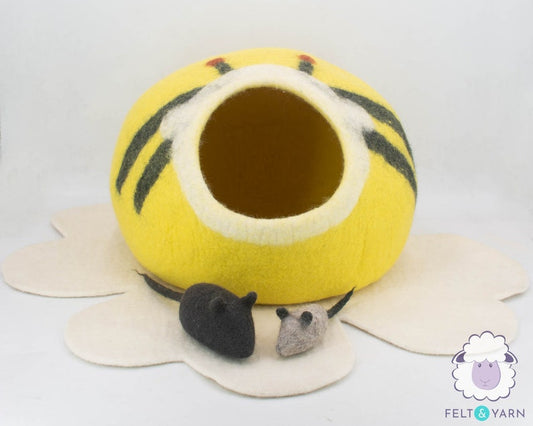 Wool Felt Yellow Bumble Cat Cave Cocoon With Free Flower Mat and Two Felted Mouse Toy | Modern Cat Furniture | Wooly Cave For Cats