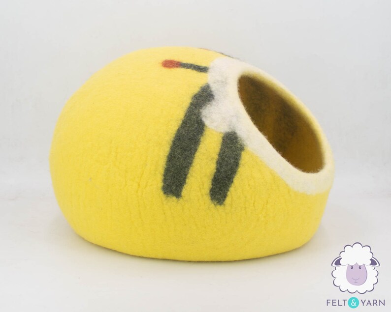 Wool Felt Yellow Bumble Cat Cave Cocoon With Free Flower Mat and Two Felted Mouse Toy | Modern Cat Furniture | Wooly Cave For Cats