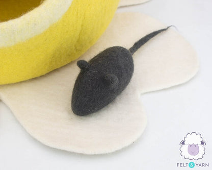 Wool Felt Yellow Bumble Cat Cave Cocoon With Free Flower Mat and Two Felted Mouse Toy | Modern Cat Furniture | Wooly Cave For Cats