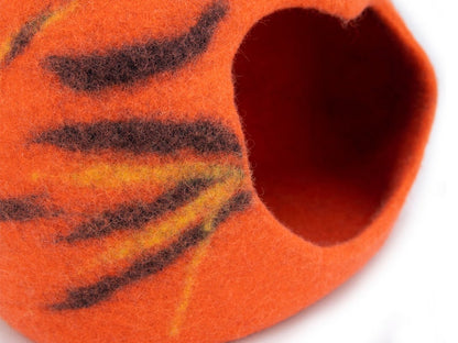 40cm Wool Felt Tiger Design Cat Cave Bed | Handmade Modern Cat Furniture | Cat Lover Gift Ideas | Cute Indoor Cat House
