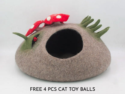 50cm Wool Felt Cat Cave With Mini Mushroom | Felted Cat Bed | Felt Pet House | Fair Trade | 100% Wool and Handmade