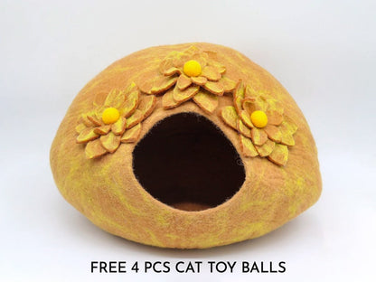 50cm Wool Felt Flower Design Cat Bed, Golden Handmade Cat Cave House, Floral Cat Cocoon