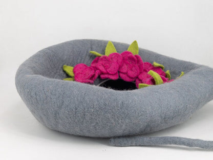 40cm Wool Felted Tendril Design Cat House with Pink Flowers | Perfect Gift for Cat Lovers | Handmade Modern Cat Bed