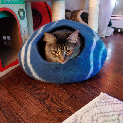 50cm Wool Felt Stripe Design Cat Bed, 100% Wool Felt Cat Cave Handmade Cat House: Fair Trade