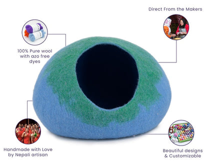 50cm Large Wool Felt Gradient Cat Bed House, Wool Handmade Cat Cave: Certified Fair Trade and 100% Handmade