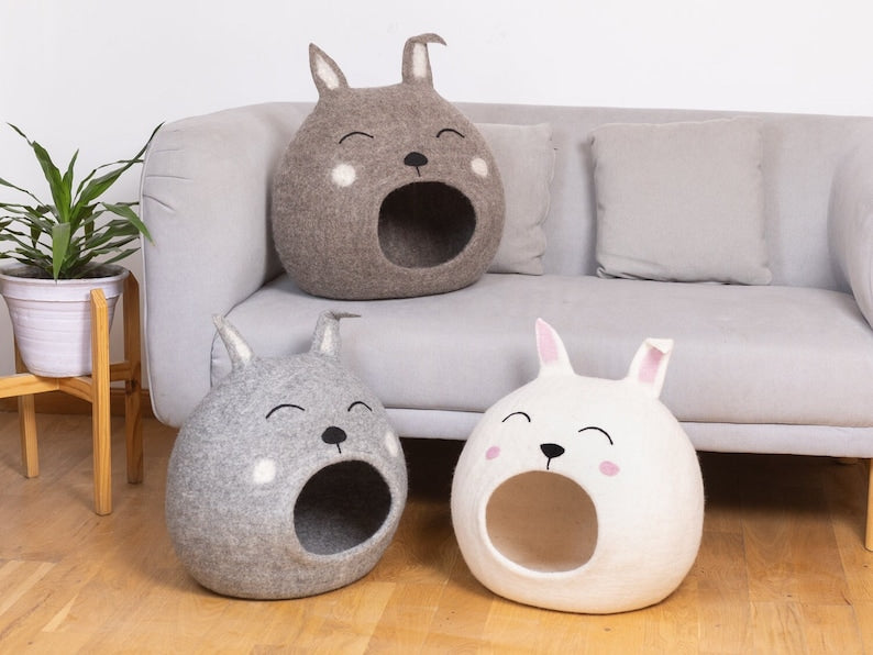 Wool Felt Easter Bunny Design Cat Cave | Modern Cat Bed | Handmade Cat House | Cat Mom Gift | Large Cat Bed | Wool Cat House