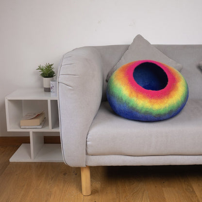 50cm Large Wool Felt Rainbow Design Cat House, Handmade Felt Cat Cave, Insulated Wool Cat Bed | Eco Cat Bed Cave
