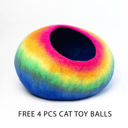 50cm Large Wool Felt Rainbow Design Cat House, Handmade Felt Cat Cave, Insulated Wool Cat Bed | Eco Cat Bed Cave