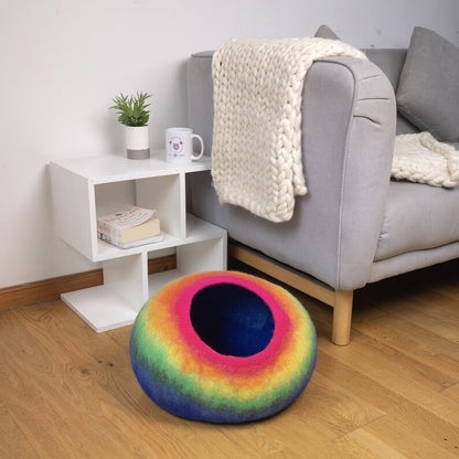 50cm Large Wool Felt Rainbow Design Cat House, Handmade Felt Cat Cave, Insulated Wool Cat Bed | Eco Cat Bed Cave