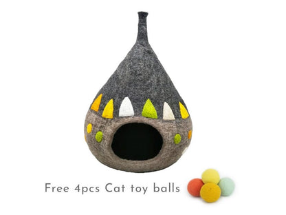 50cm Felt Teepee Cat Cave Bed, Wool Cat Furniture Cocoon, Handmade Cat House